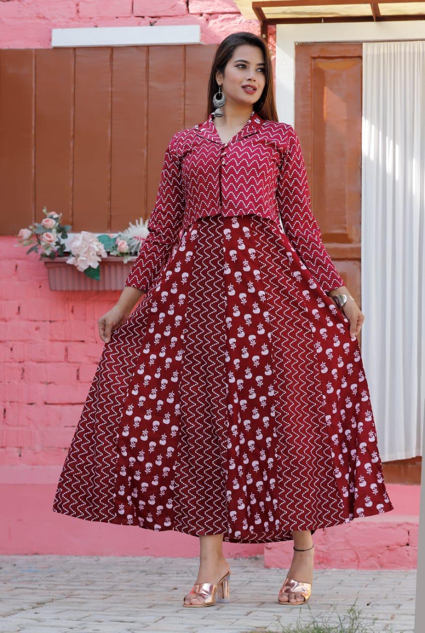 Maroon Procion Print Long Gown with Jacket Set