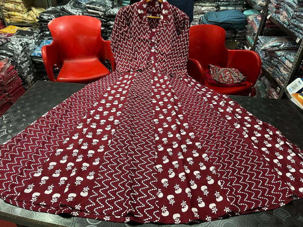 Maroon Procion Print Long Gown with Jacket Set