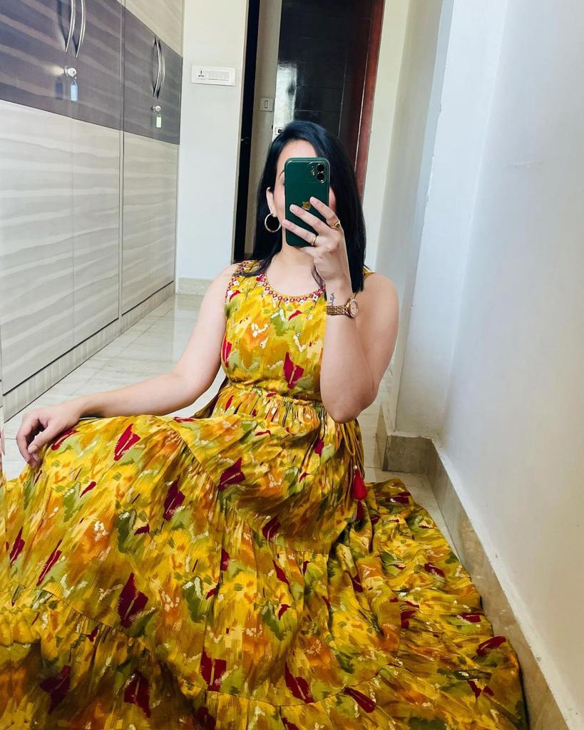 Yellow Floral Maxi Dress: Cotton Fabric, Sleeves Attach Inside