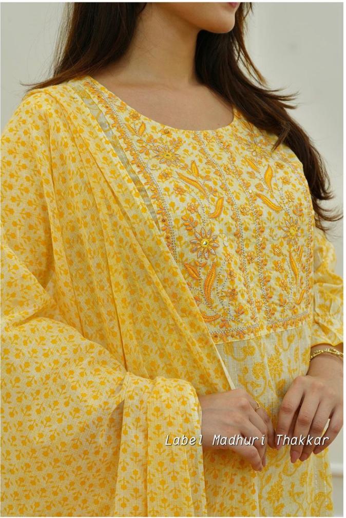 Yellow Cambric Cotton Suit Set with Embroidery and Sequin Detailing