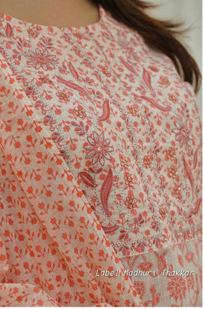 Peach Cotton Suit Set with Embroidery and Cotton Dupatta