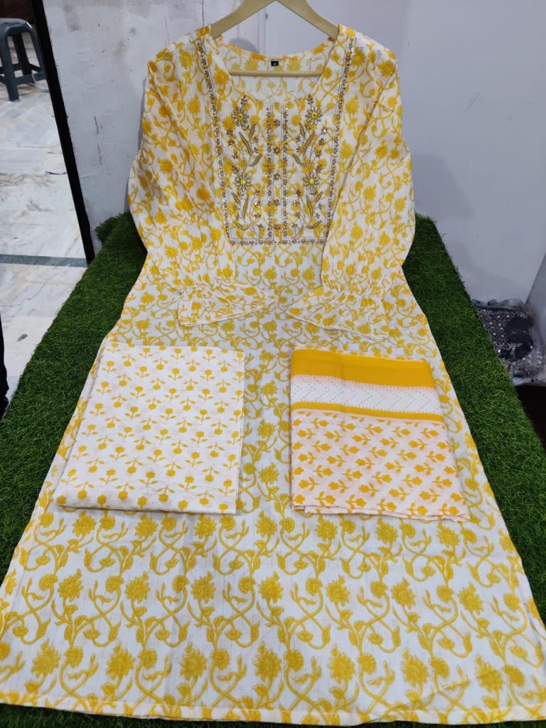 Yellow Cambric Cotton Suit Set with Embroidery and Sequin Detailing