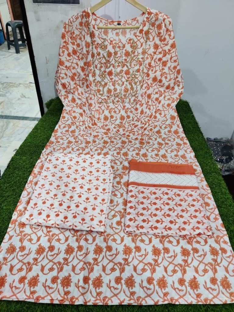 Peach Cotton Suit Set with Embroidery and Cotton Dupatta
