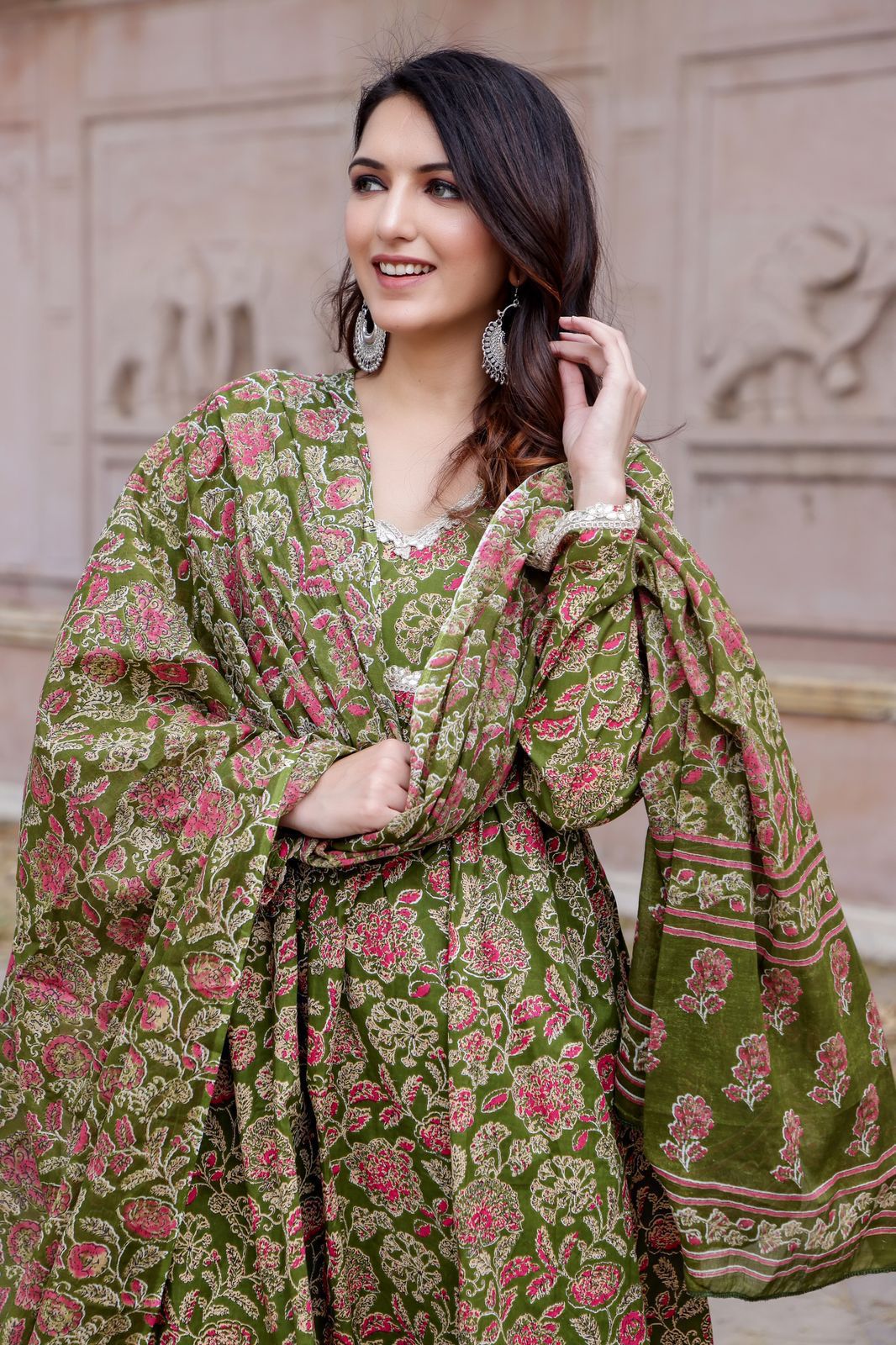 Green Cotton Alia Cut Anarkali Kurti Set with Gotta Lace Detailing