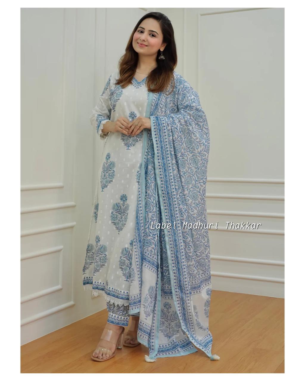 White-Grey Floral Handworked Afghani Suit Set