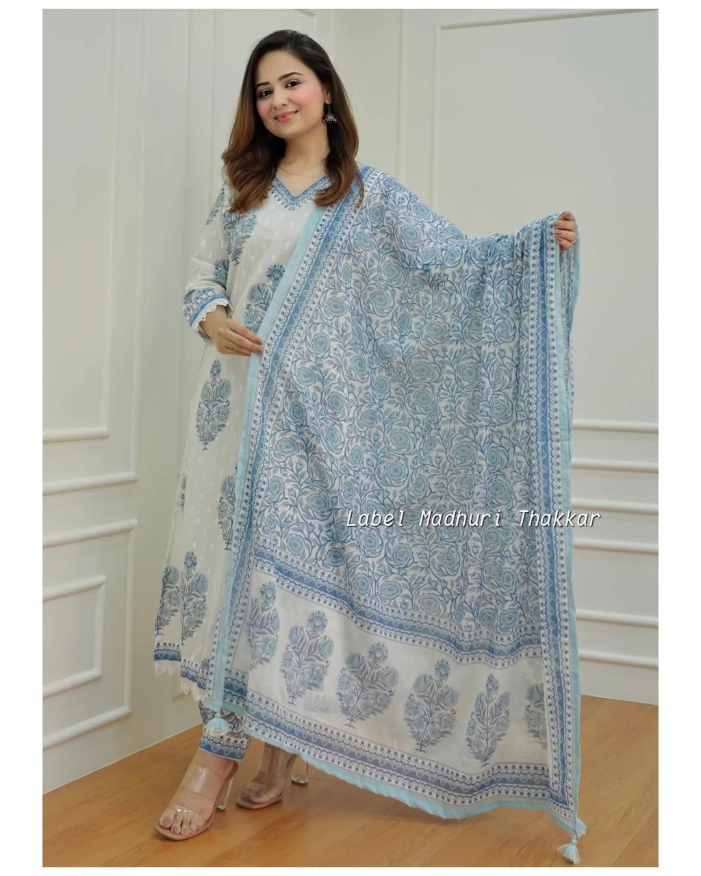 White-Grey Floral Handworked Afghani Suit Set