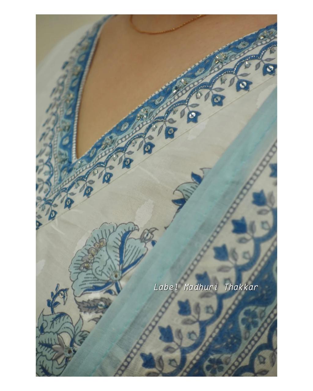 White-Grey Floral Handworked Afghani Suit Set
