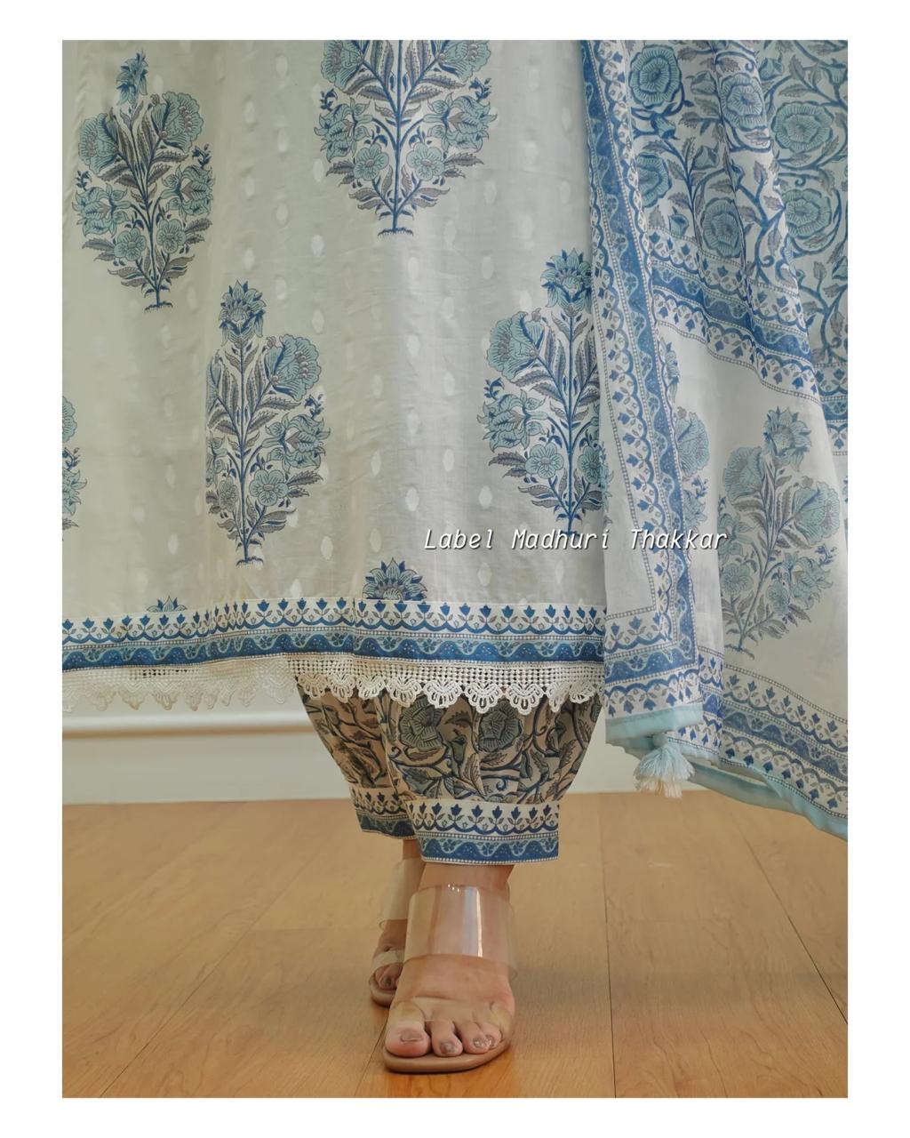 White-Grey Floral Handworked Afghani Suit Set