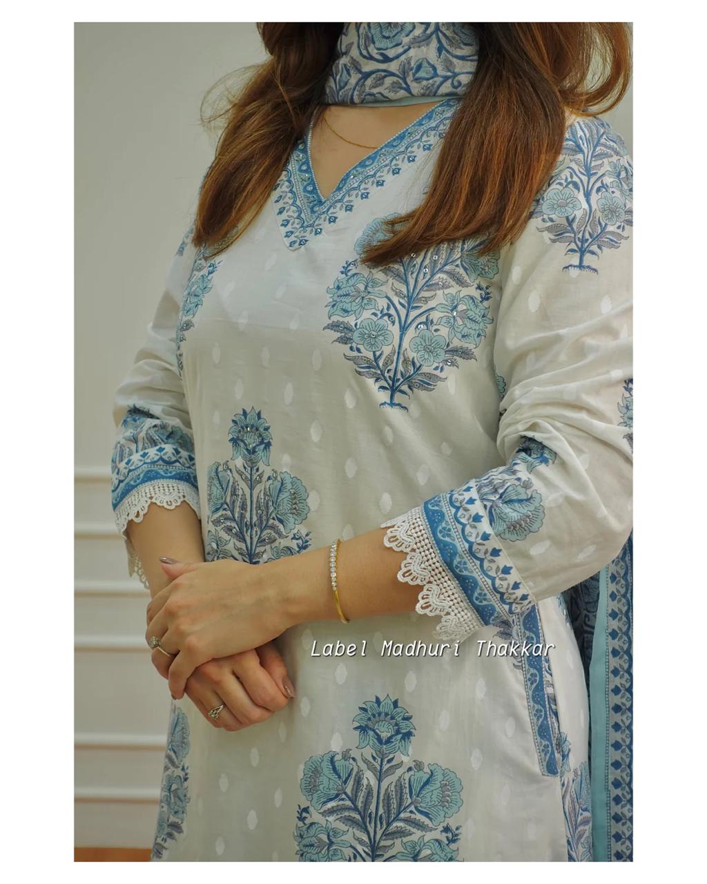 White-Grey Floral Handworked Afghani Suit Set