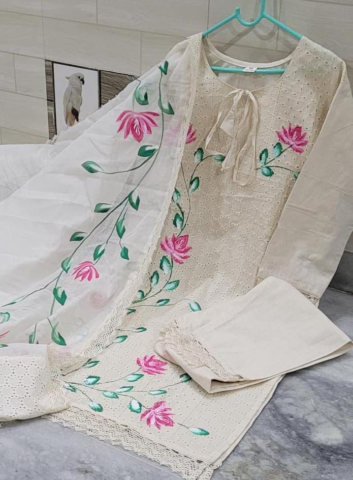 Off-White Hand-Painted Chicken Shifli Kurti Set