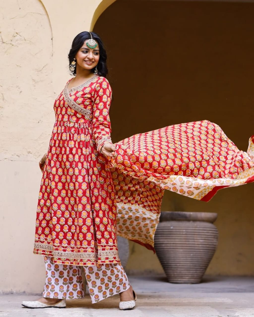 Red Hand-Block Printed Pakistani Suit with Gota Lace Work