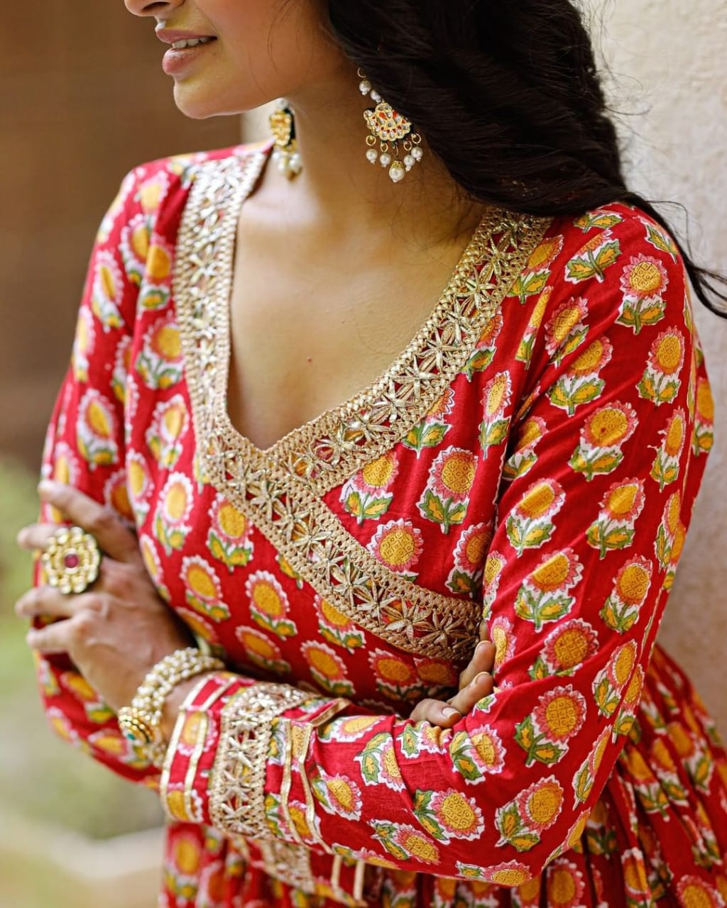 Red Hand-Block Printed Pakistani Suit with Gota Lace Work