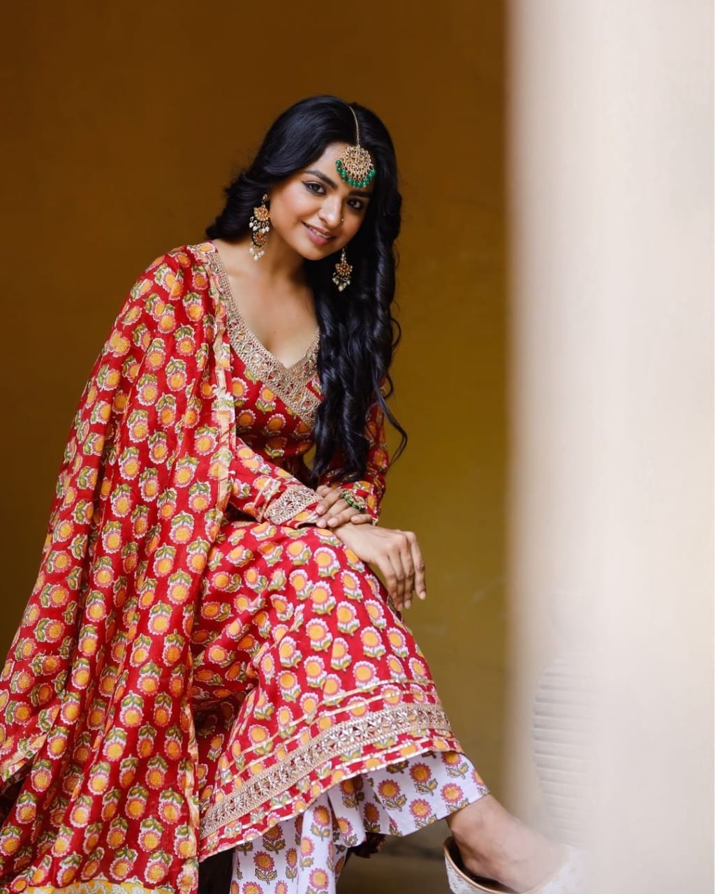 Red Hand-Block Printed Pakistani Suit with Gota Lace Work