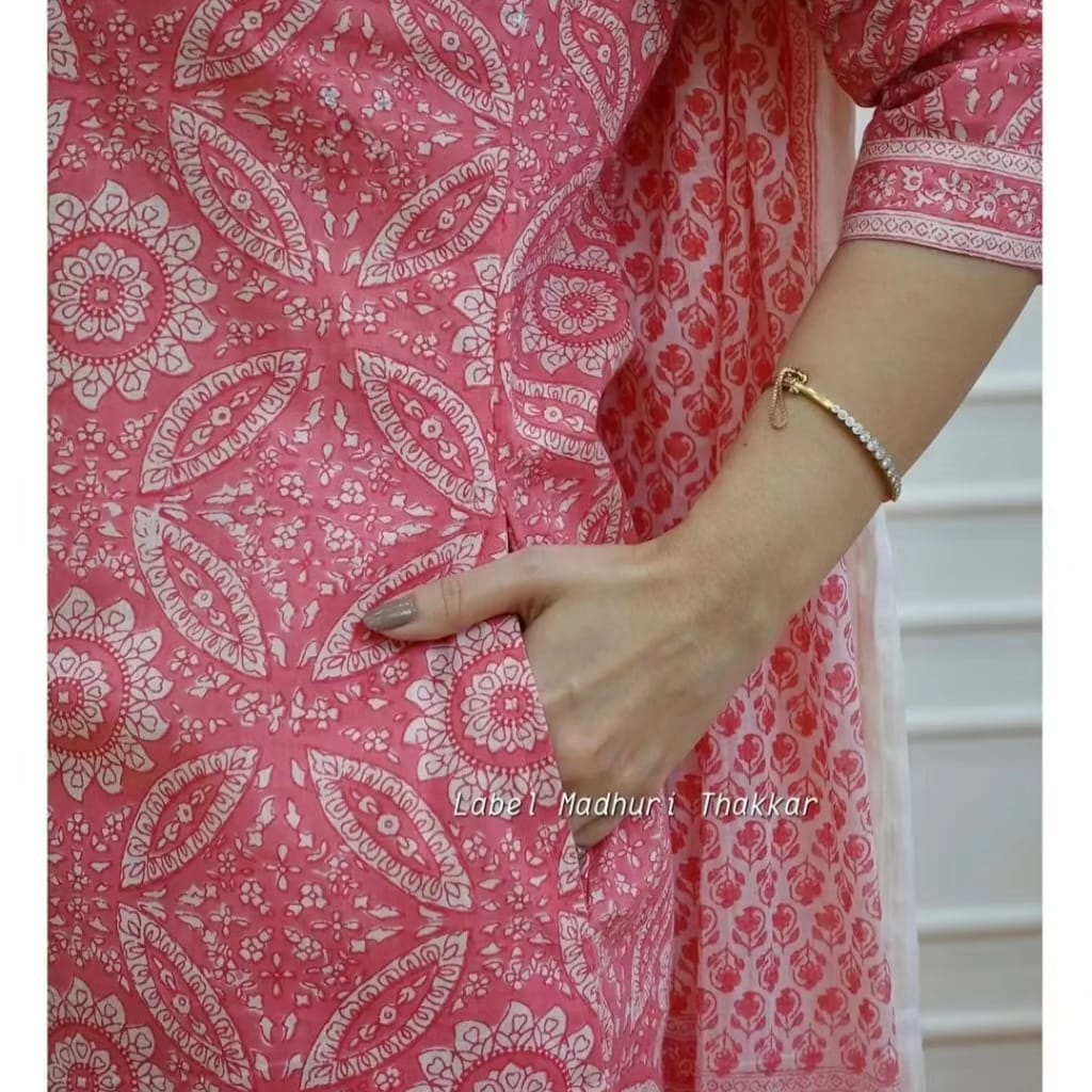 Pink Cotton Flared Suit with Sanganeri Block Print