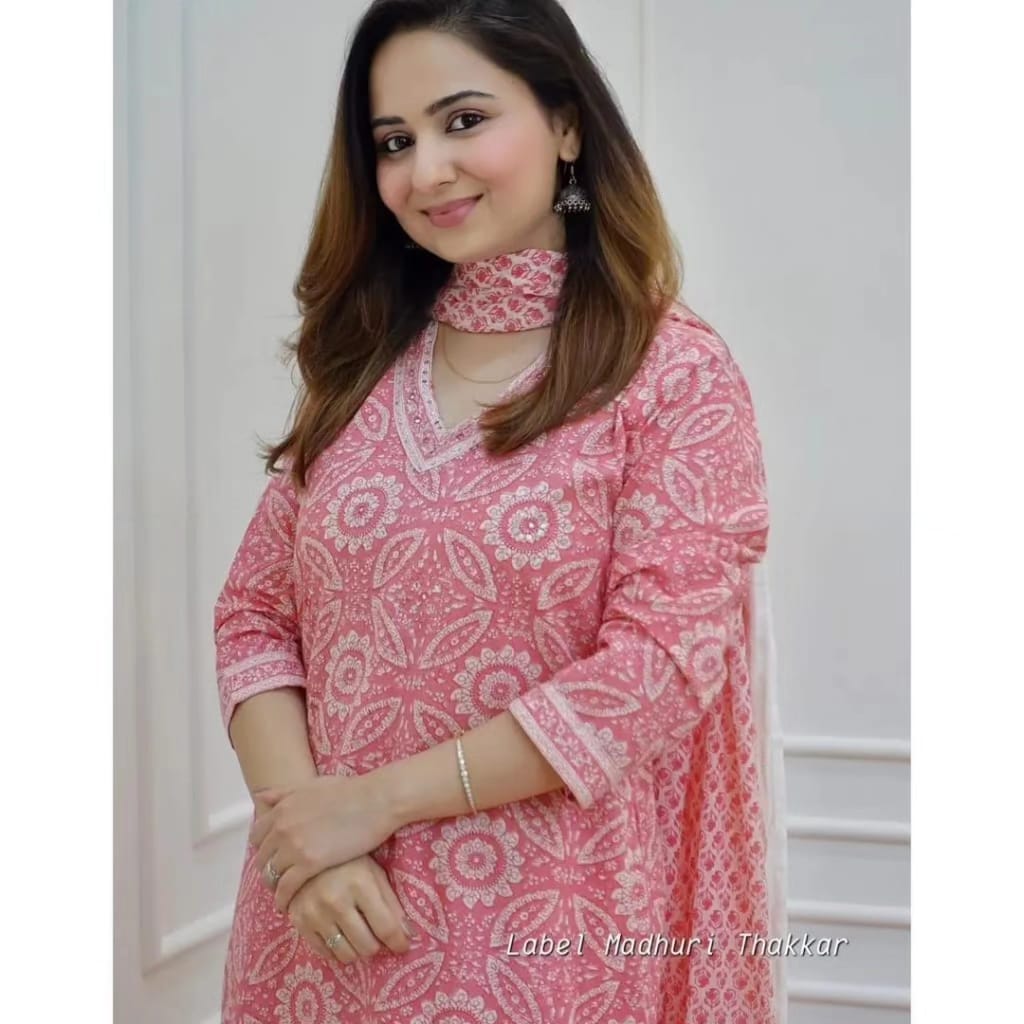 Pink Cotton Flared Suit with Sanganeri Block Print