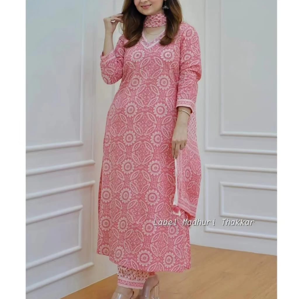 Pink Cotton Flared Suit with Sanganeri Block Print