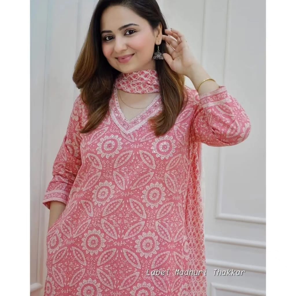 Pink Cotton Flared Suit with Sanganeri Block Print