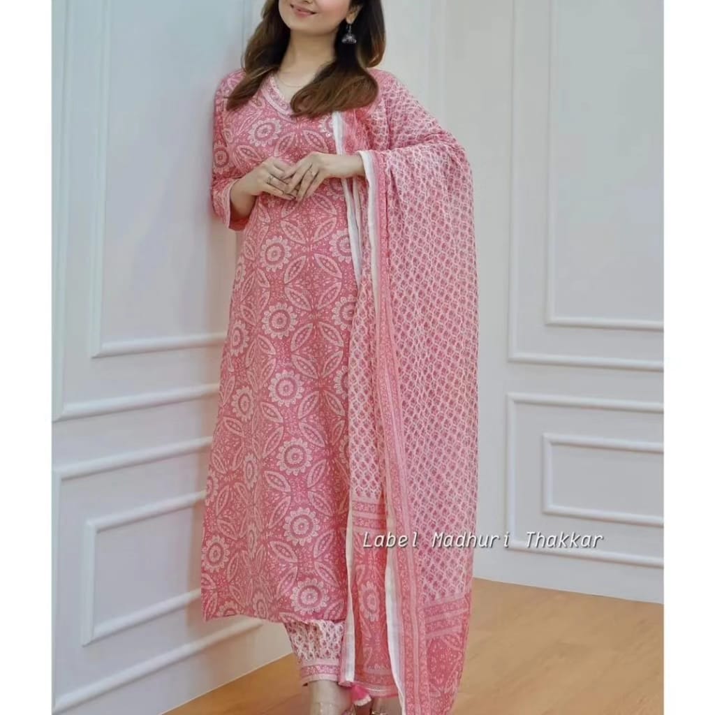 Pink Cotton Flared Suit with Sanganeri Block Print