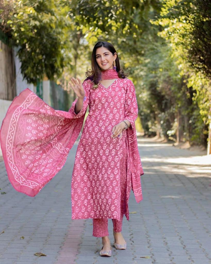 Pink Printed Cotton Suit Set with Kurti, Pant, and Dupatta
