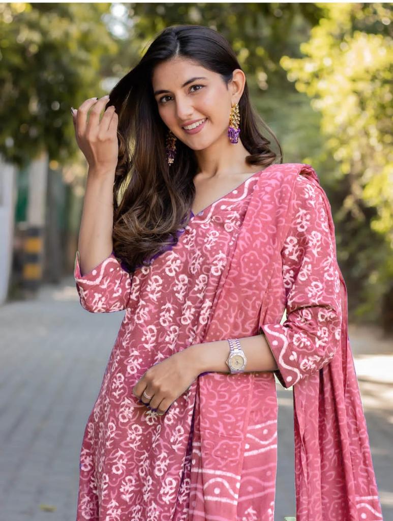 Pink Printed Cotton Suit Set with Kurti, Pant, and Dupatta