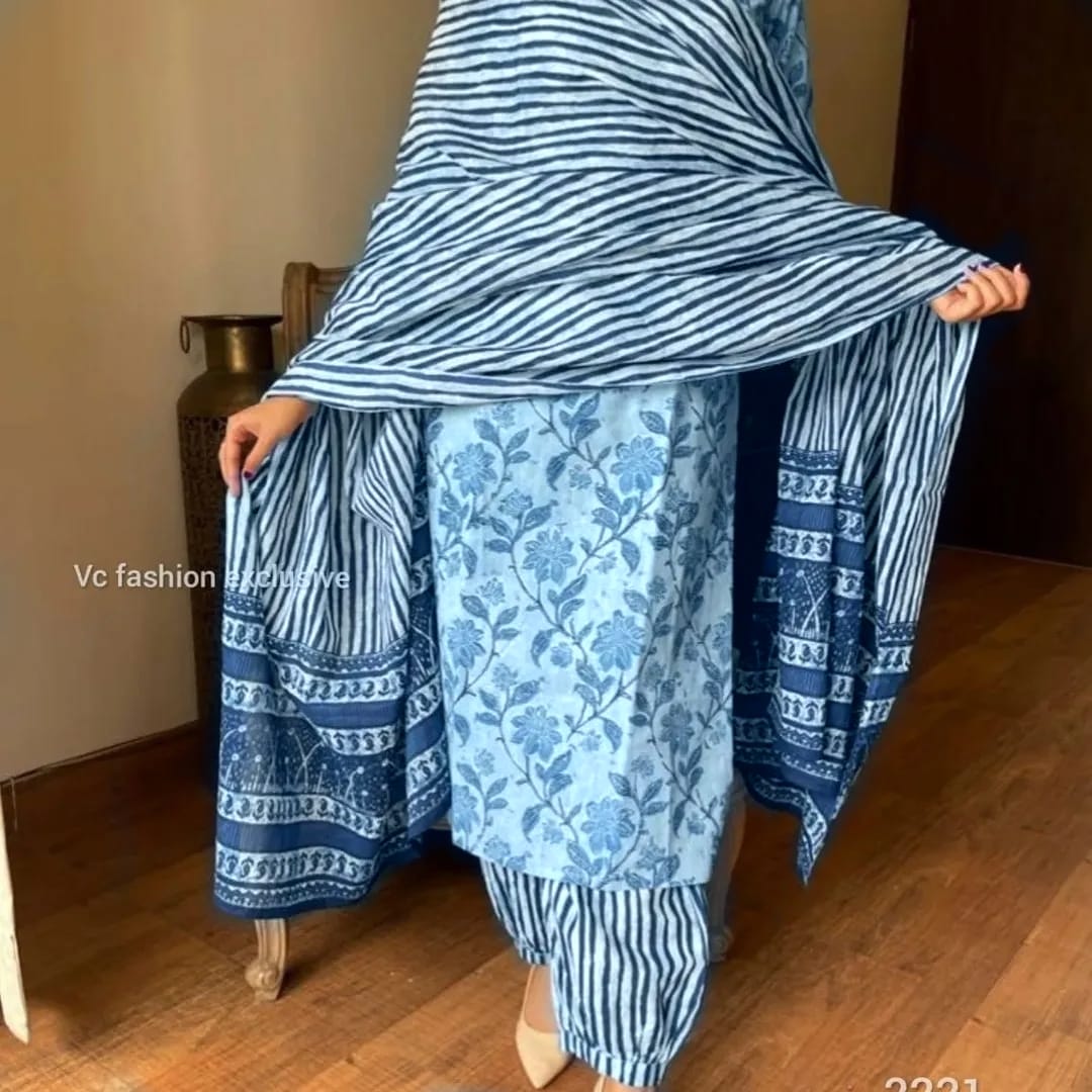 Indigo Bagru Hand Block Print Kurta, Pant & Dupatta Set