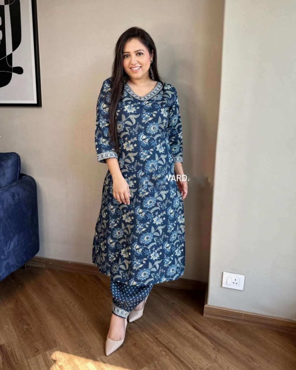 Indigo Printed Kurti with Afghani Bottoms