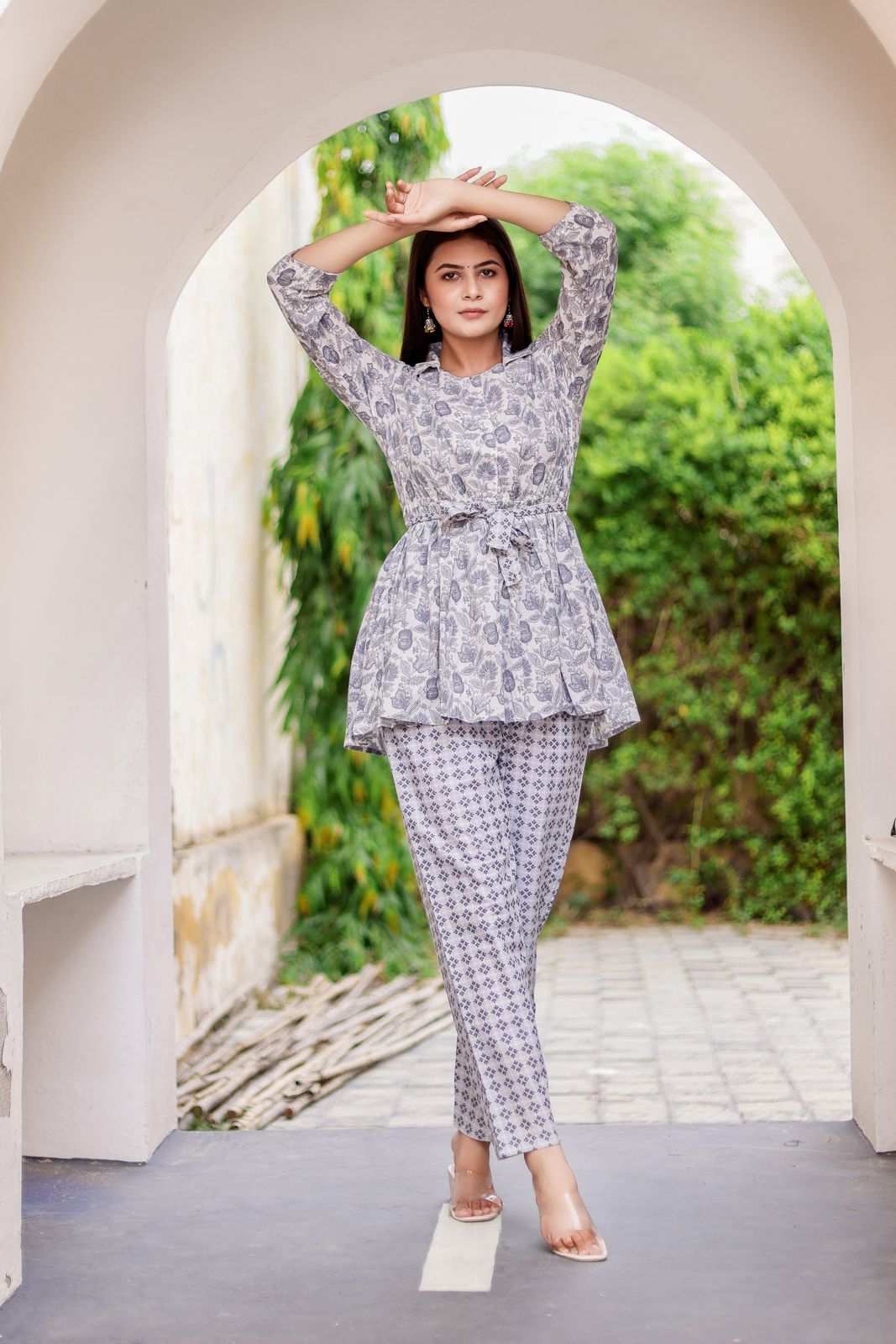 Grey Peplum Cord-Set with Printed Pant