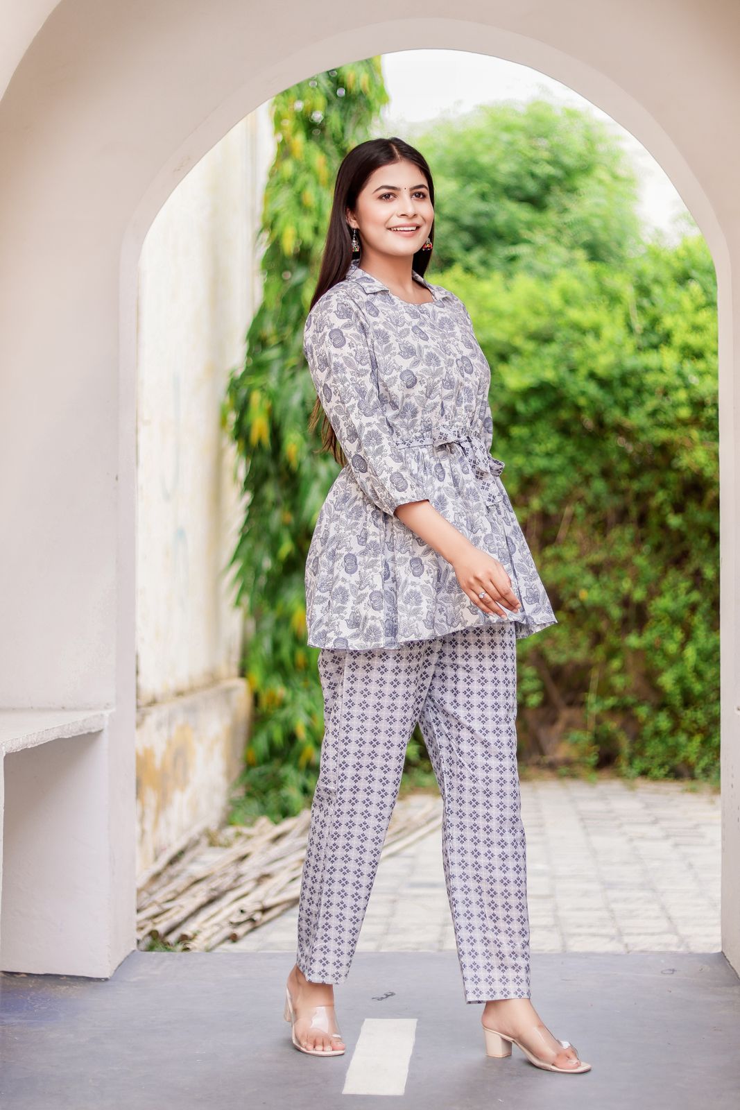Grey Peplum Cord-Set with Printed Pant