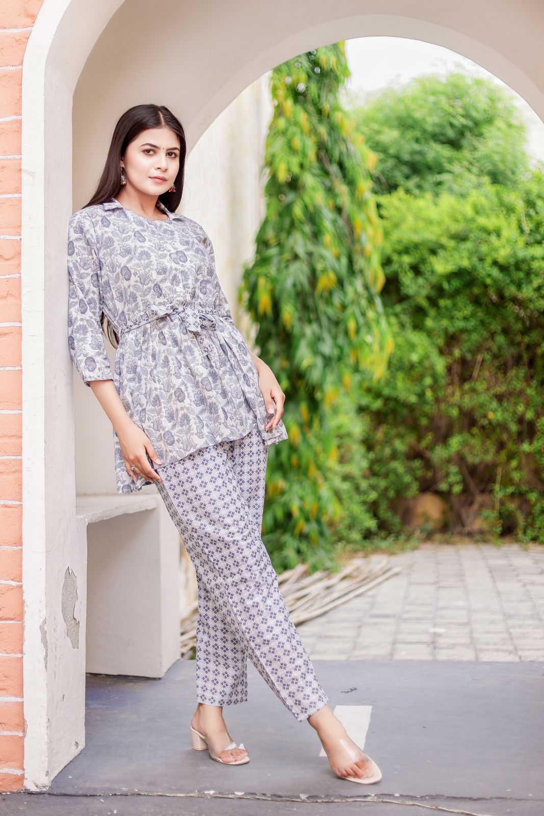 Grey Peplum Cord-Set with Printed Pant