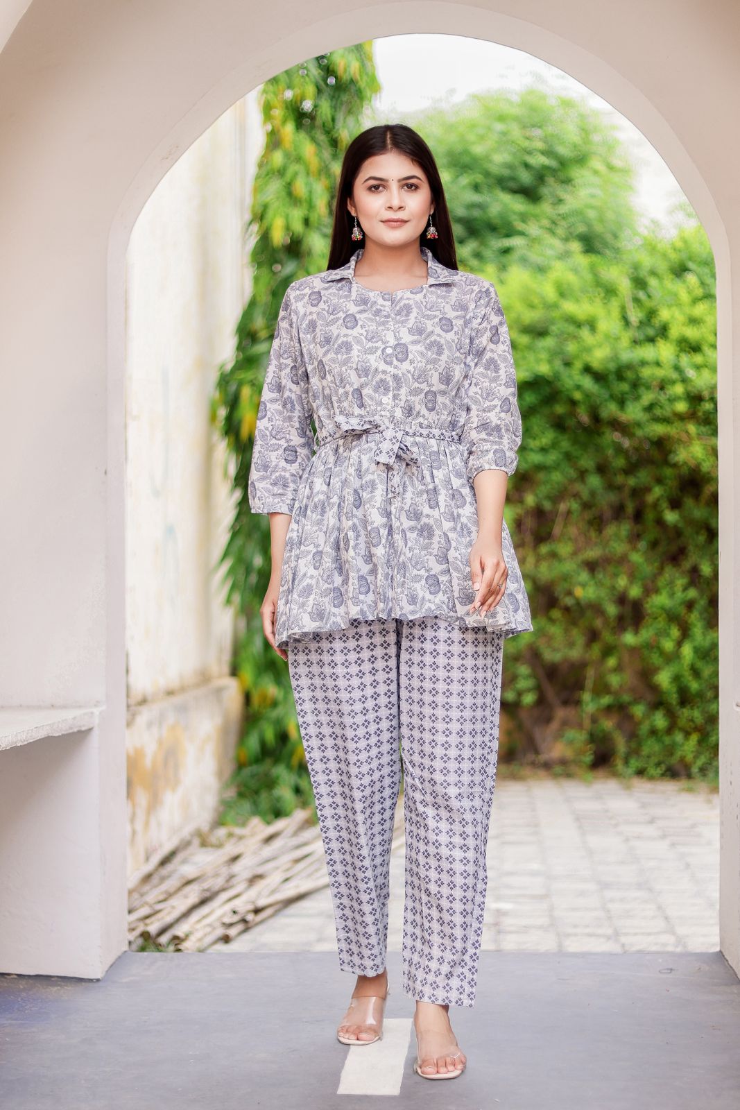 Grey Peplum Cord-Set with Printed Pant