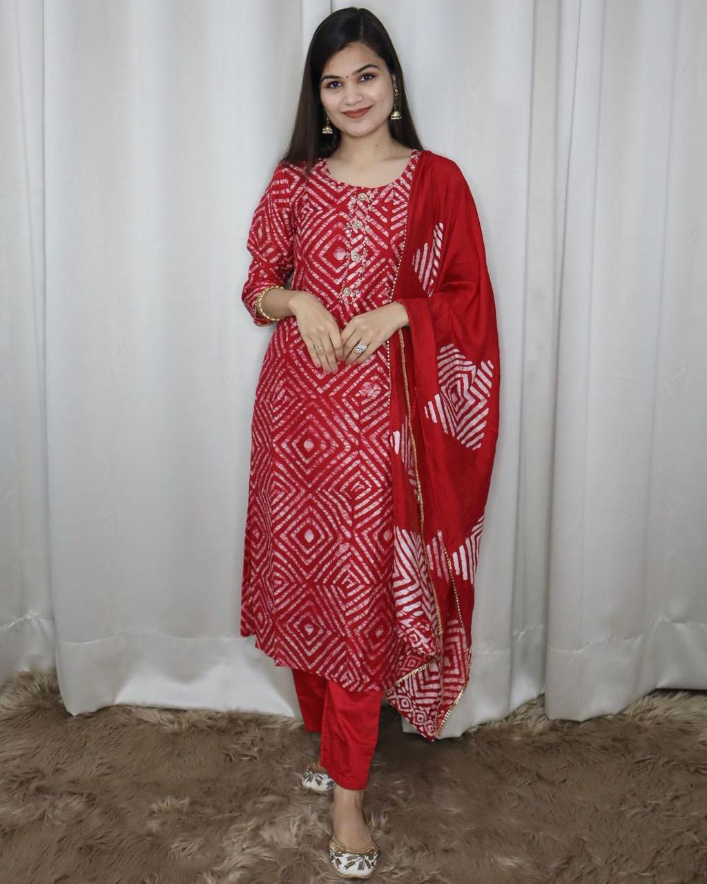 Red Rayon 140 Fabric Straight Kurti Set with Gota Lace