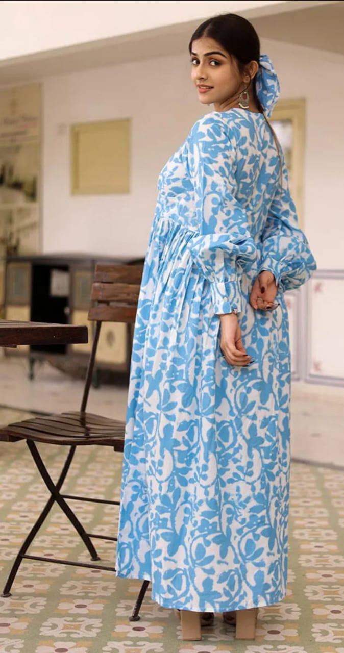 Sky Blue Tie and Dye Long Dress with All-Round Gather & Puffed Sleeves