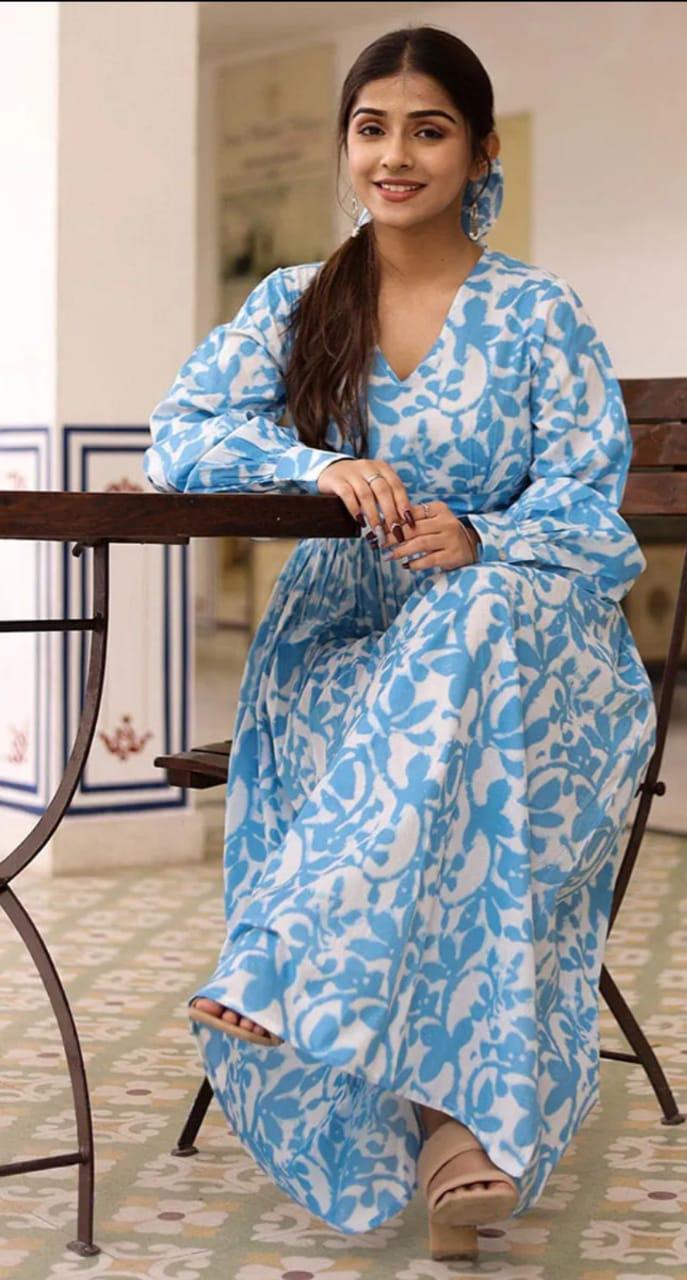 Sky Blue Tie and Dye Long Dress with All-Round Gather & Puffed Sleeves