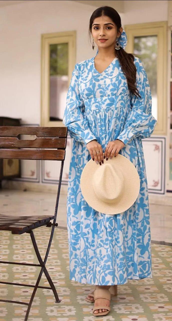 Sky Blue Tie and Dye Long Dress with All-Round Gather & Puffed Sleeves