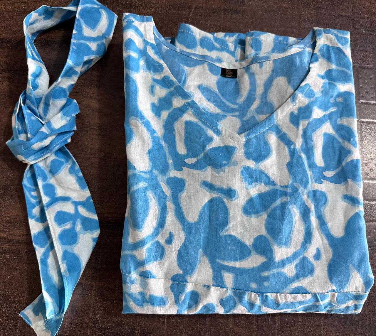 Sky Blue Tie and Dye Long Dress with All-Round Gather & Puffed Sleeves