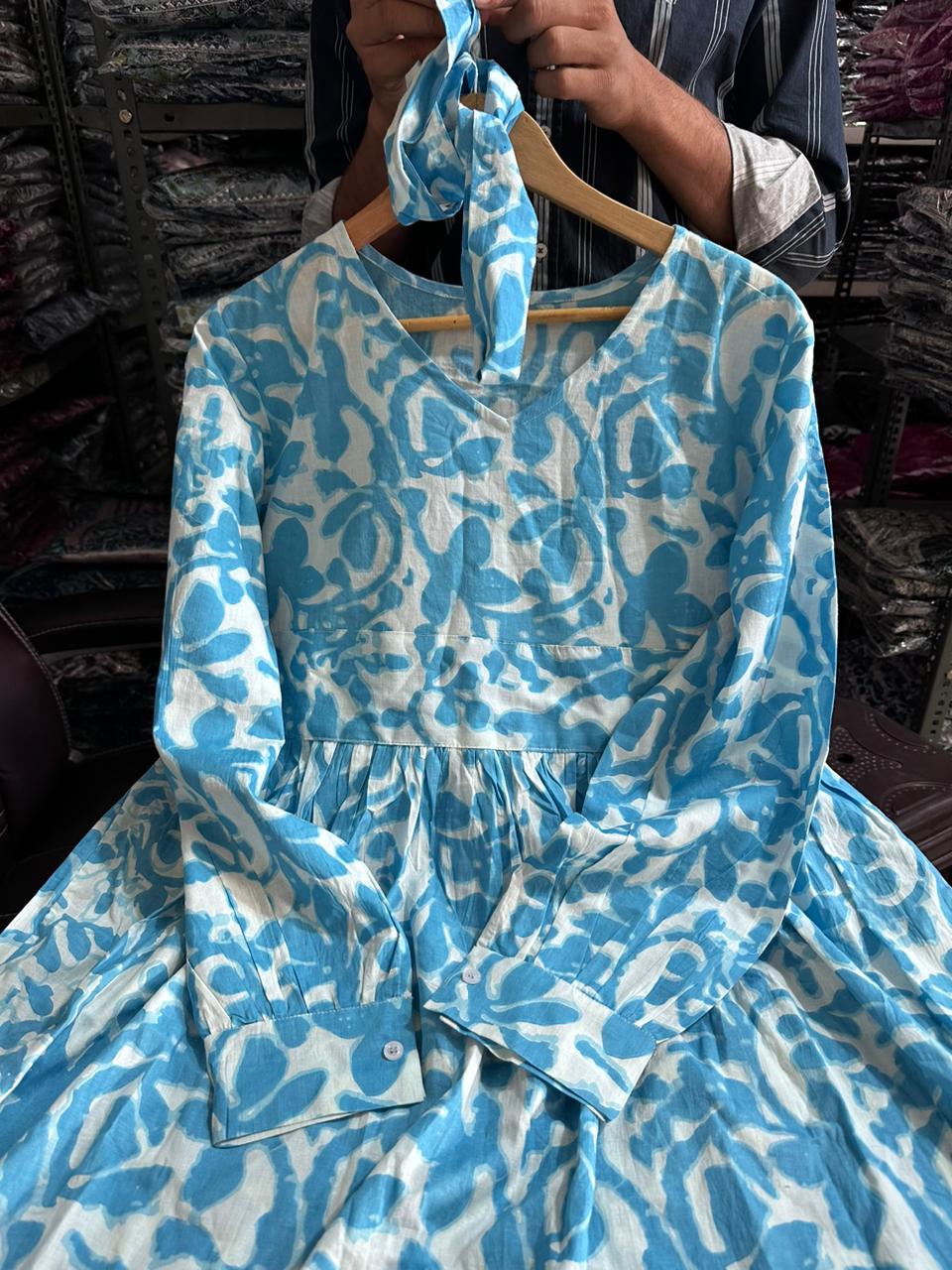Sky Blue Tie and Dye Long Dress with All-Round Gather & Puffed Sleeves