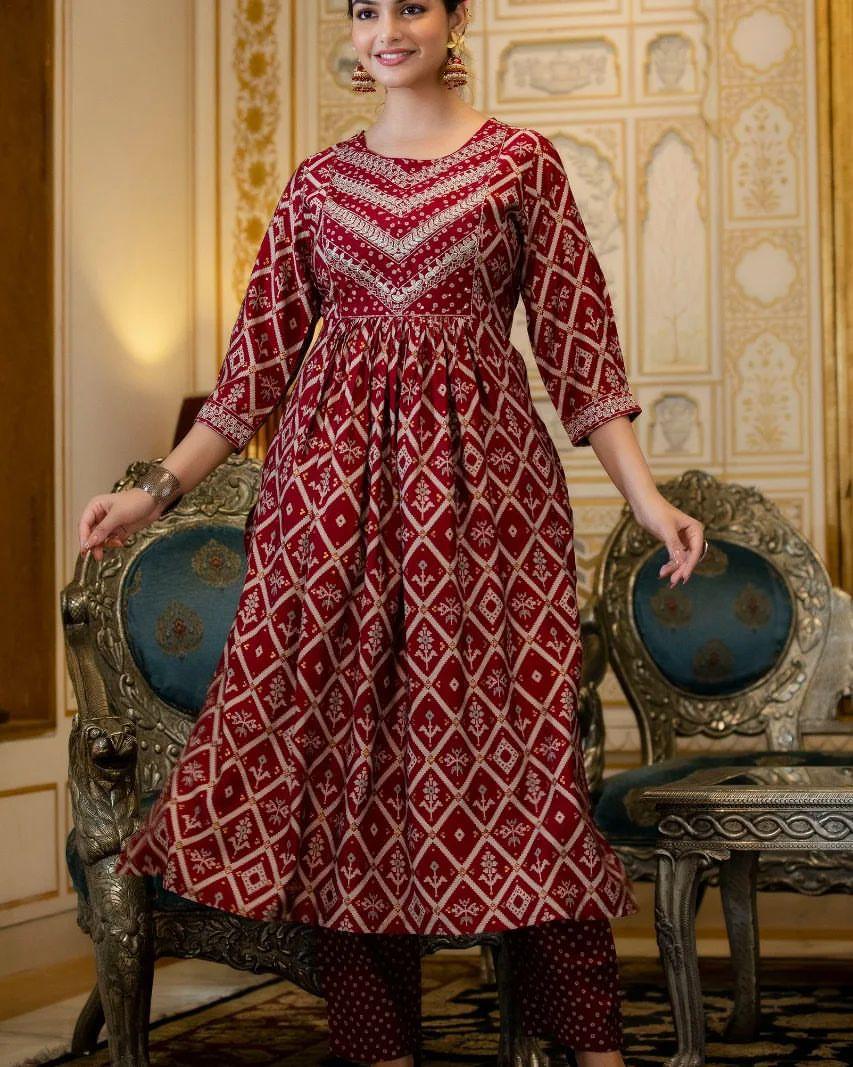 Red Rayon Embroidered Naira Cut Kurti with Pant and Dupatta - Fully Stitched