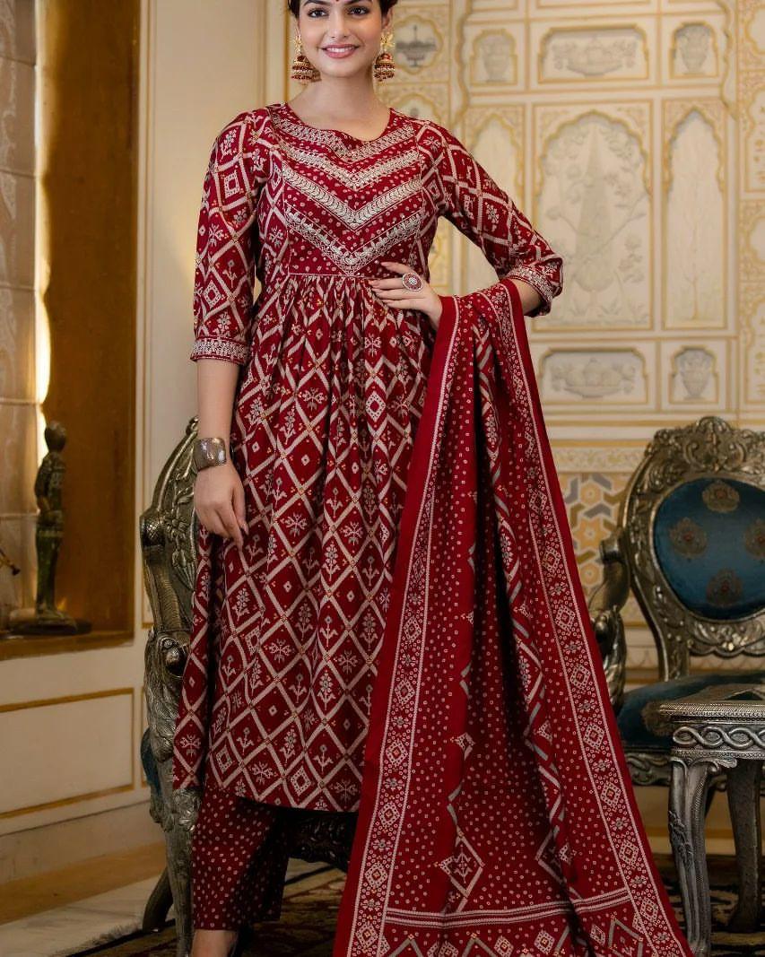 Red Rayon Embroidered Naira Cut Kurti with Pant and Dupatta - Fully Stitched
