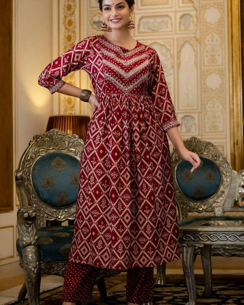Red Rayon Embroidered Naira Cut Kurti with Pant and Dupatta - Fully Stitched