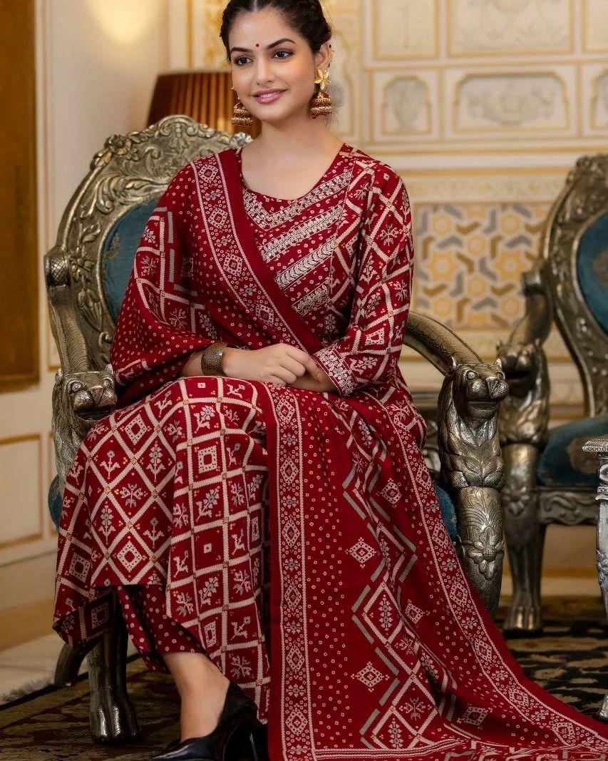 Red Rayon Embroidered Naira Cut Kurti with Pant and Dupatta - Fully Stitched