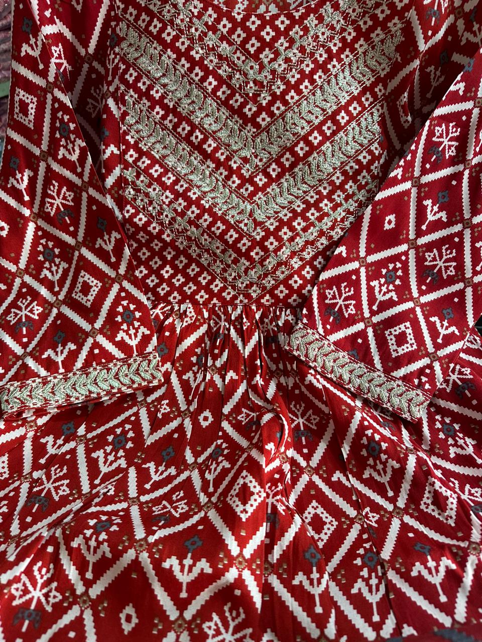 Red Rayon Embroidered Naira Cut Kurti with Pant and Dupatta - Fully Stitched