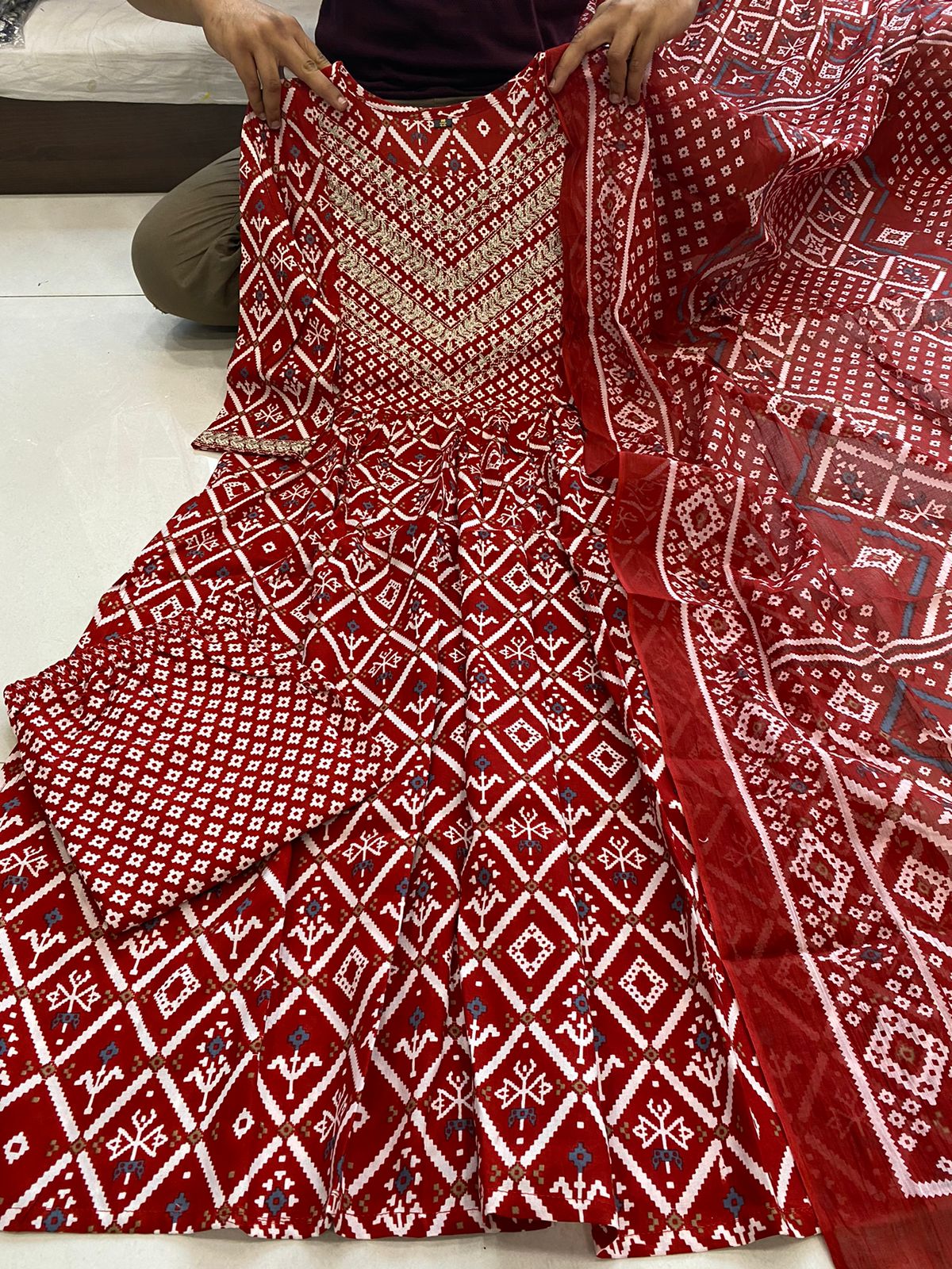 Red Rayon Embroidered Naira Cut Kurti with Pant and Dupatta - Fully Stitched