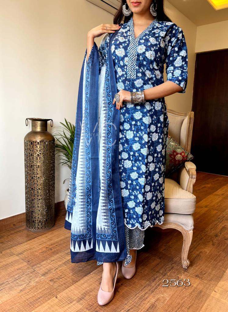 Blue 3-Piece Cotton Suit Set with Printed Work and Chicken Lace