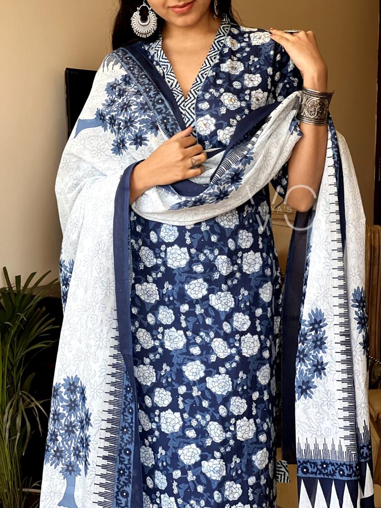 Blue 3-Piece Cotton Suit Set with Printed Work and Chicken Lace