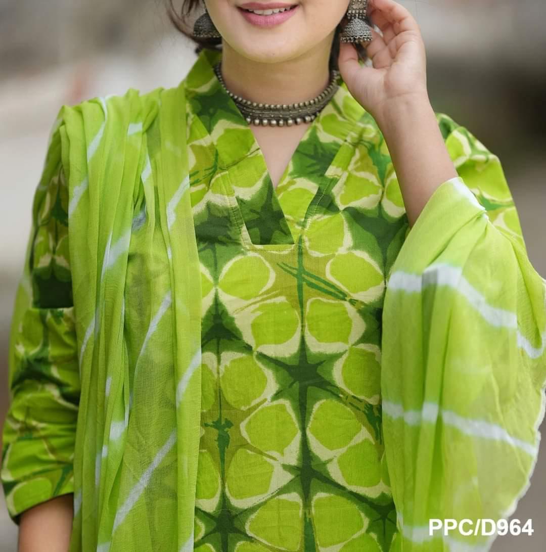 Green Cotton Kurti Set with Leheriya Dupatta