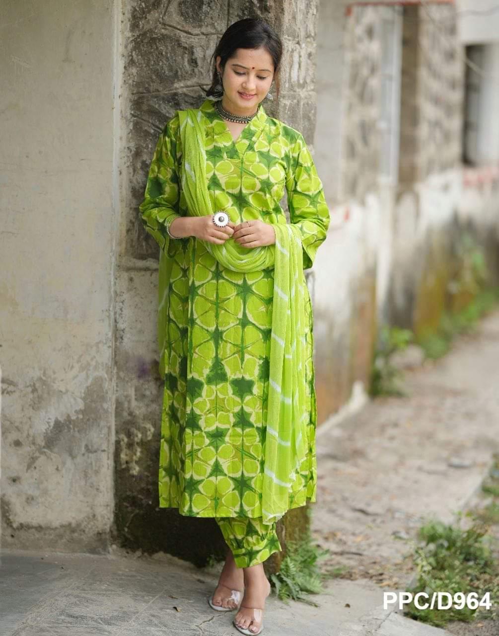 Green Cotton Kurti Set with Leheriya Dupatta