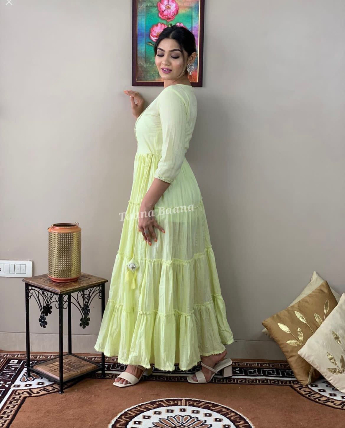 Tiered Rayon Lurex Gown with Floral Embroidery and Tassel