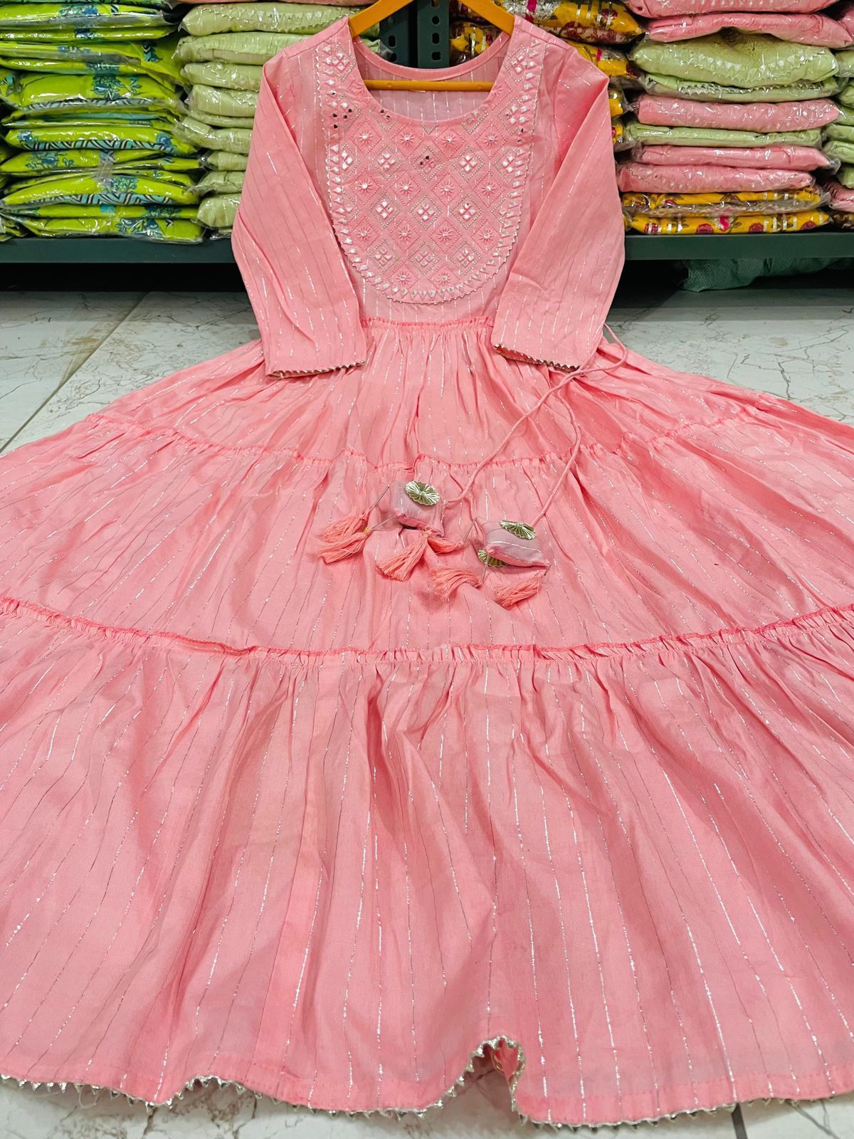 Tiered Rayon Lurex Gown with Floral Embroidery, Gota Lace, and Tassel