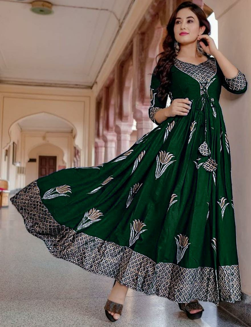Gold-Print Rayon Long Gown
