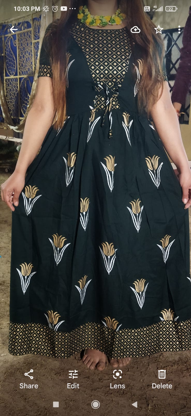 Rayon Long Gown with Gold Print
